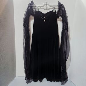 Goth Black Velvet Pixie Dress with Sheer Sleeves